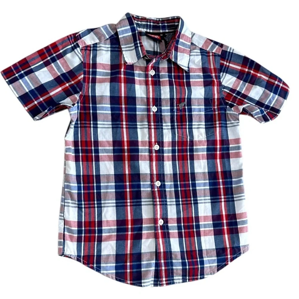 New Wrangler Boys Plaid Button Down Short Sleeve Shirt Size Small Red White Blue